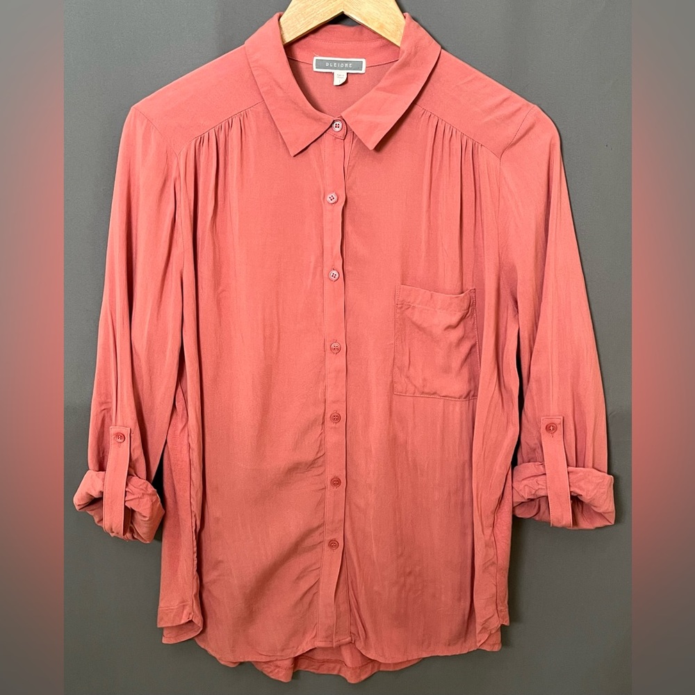 Pleione L Dark Salmon Roll Tab Sleeve Rayon Relaxed Blouse